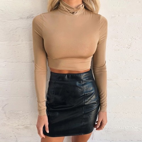 Autumn Sexy Bodycon Crop Top Women Long Sleeve Turtleneck Stretch Solid 